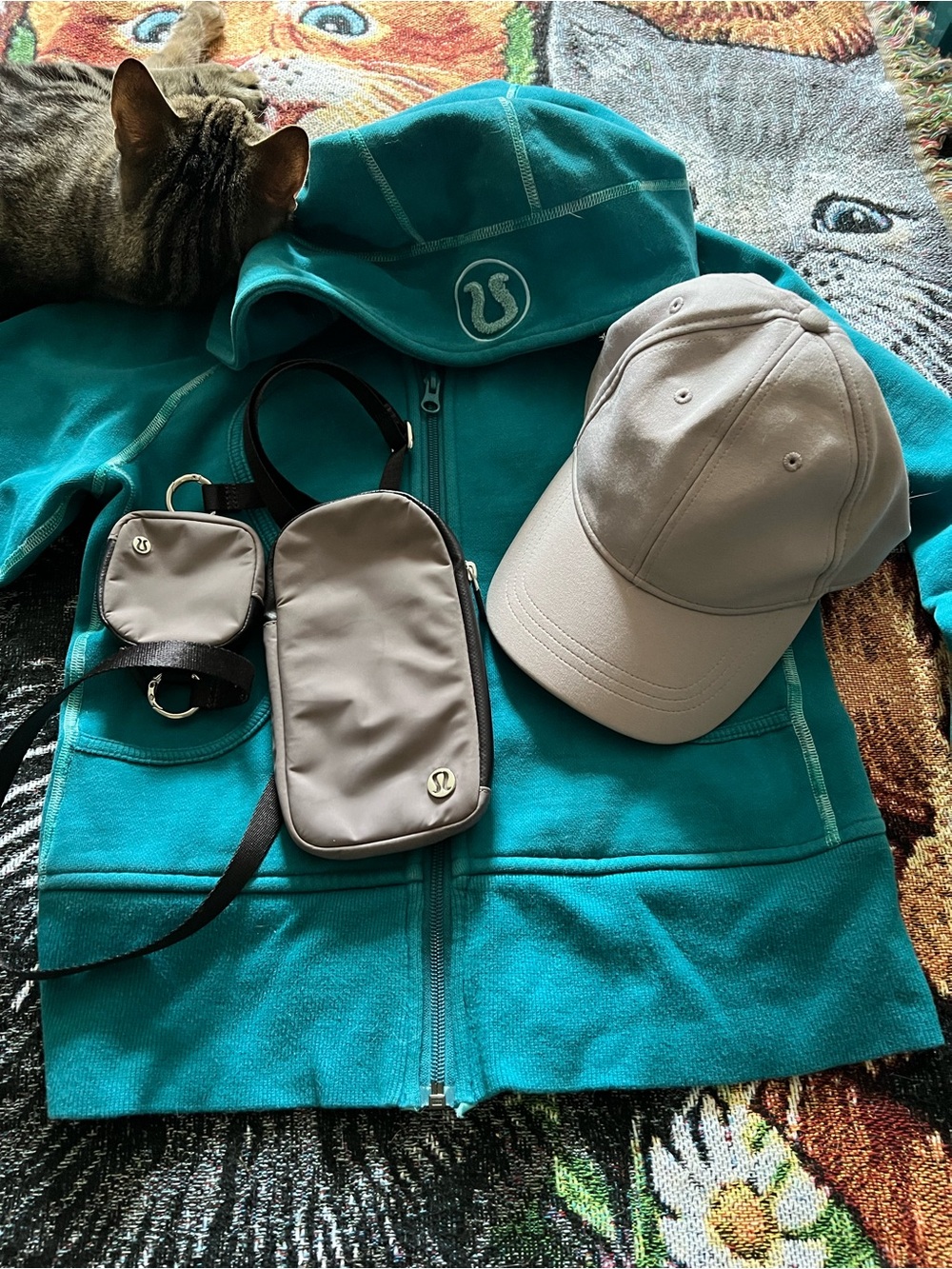 lululemon athletica Teal Zip Hoodie with Light Gray Cap and Crossbody Pouches